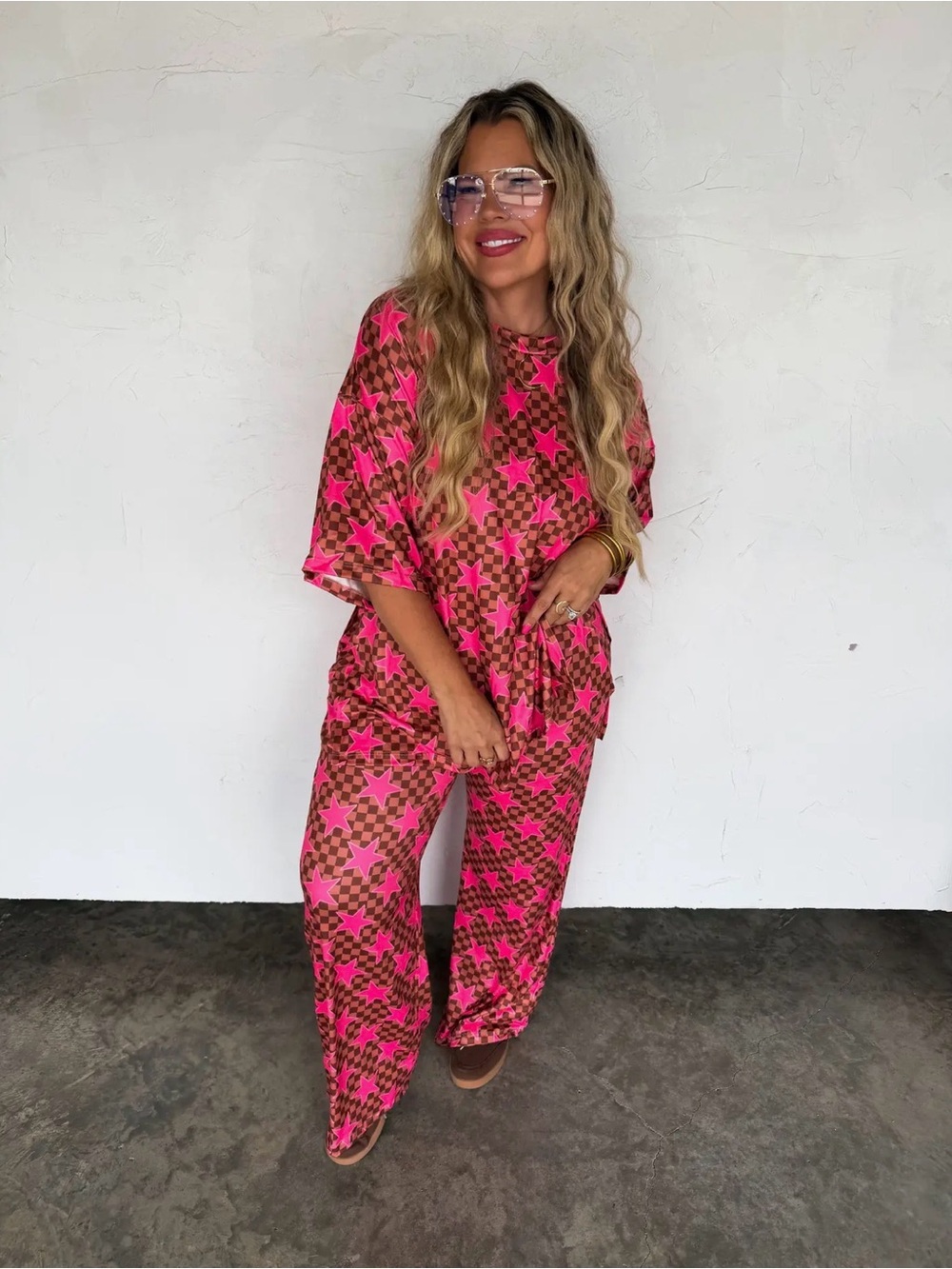 New! Women’s Pink & Brown Star Print Wide-Leg Jumpsuit
